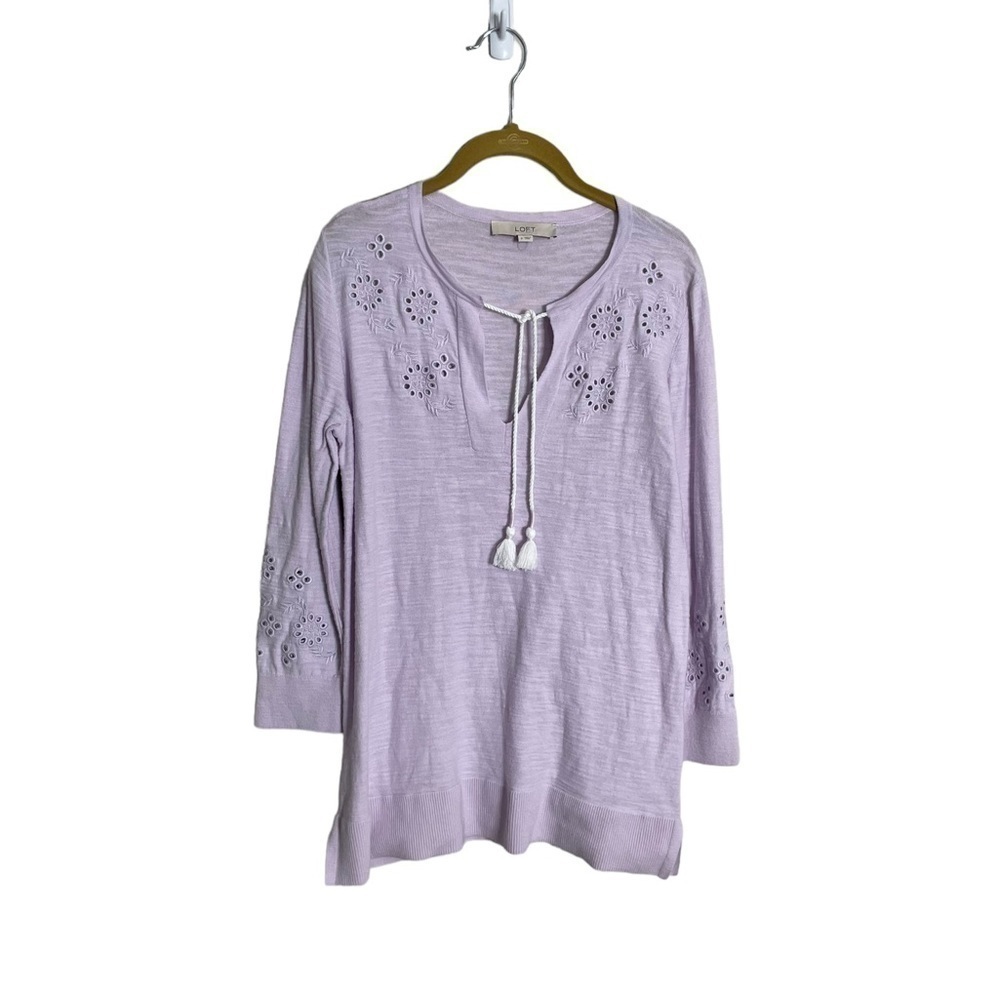 Loft Lavender Purple Eyelet Tassel Blouse Small
